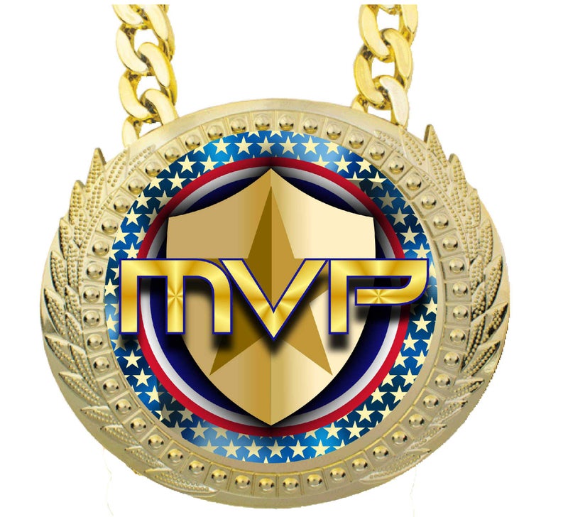 Express Medals MVP Most Valuable Player Champ Chain Trophy Award with a Center Plastic Plaque Plate Measuring 6 by 5.25 Inches and Includes a 34 Inch Plastic Chain with Black Velvet Presentation Bag. - Image 2